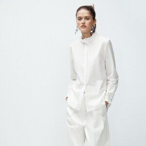 Zara Woman ZW Collection White Ruffled Cotton Shirt XL – Organic Cotton Chic